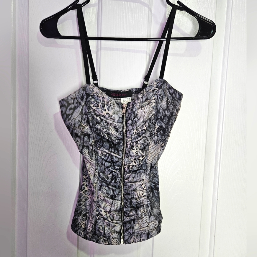 Edgy Animal and Snake Print Top with Zipper, Black Grey White, Seductions, XS